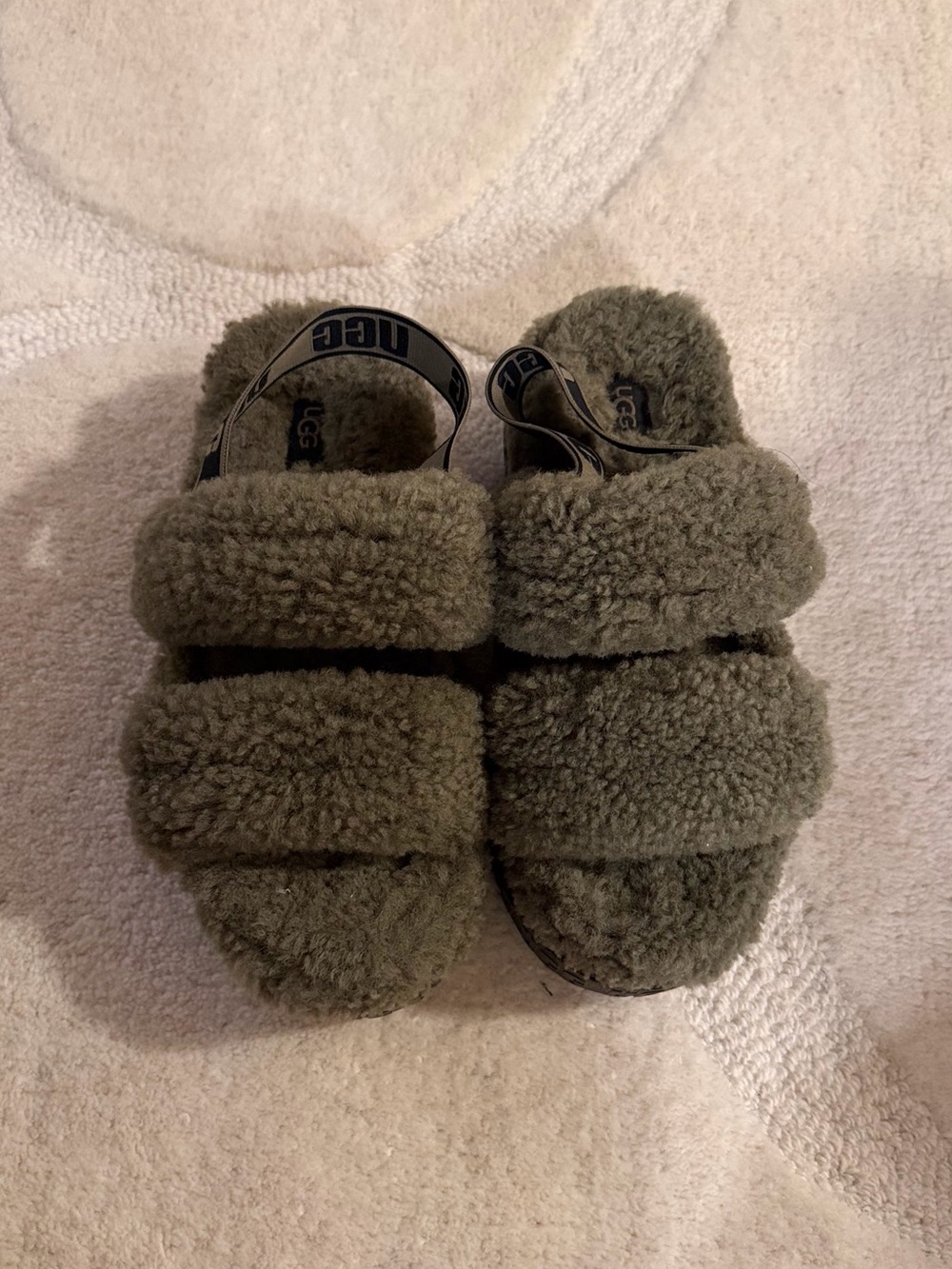 UGG Kids Olive Green Fuzz Slides with Branded Heel Strap